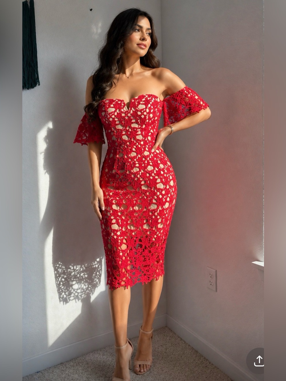 Forever 21 Red Off-Shoulder Crochet Midi Dress
